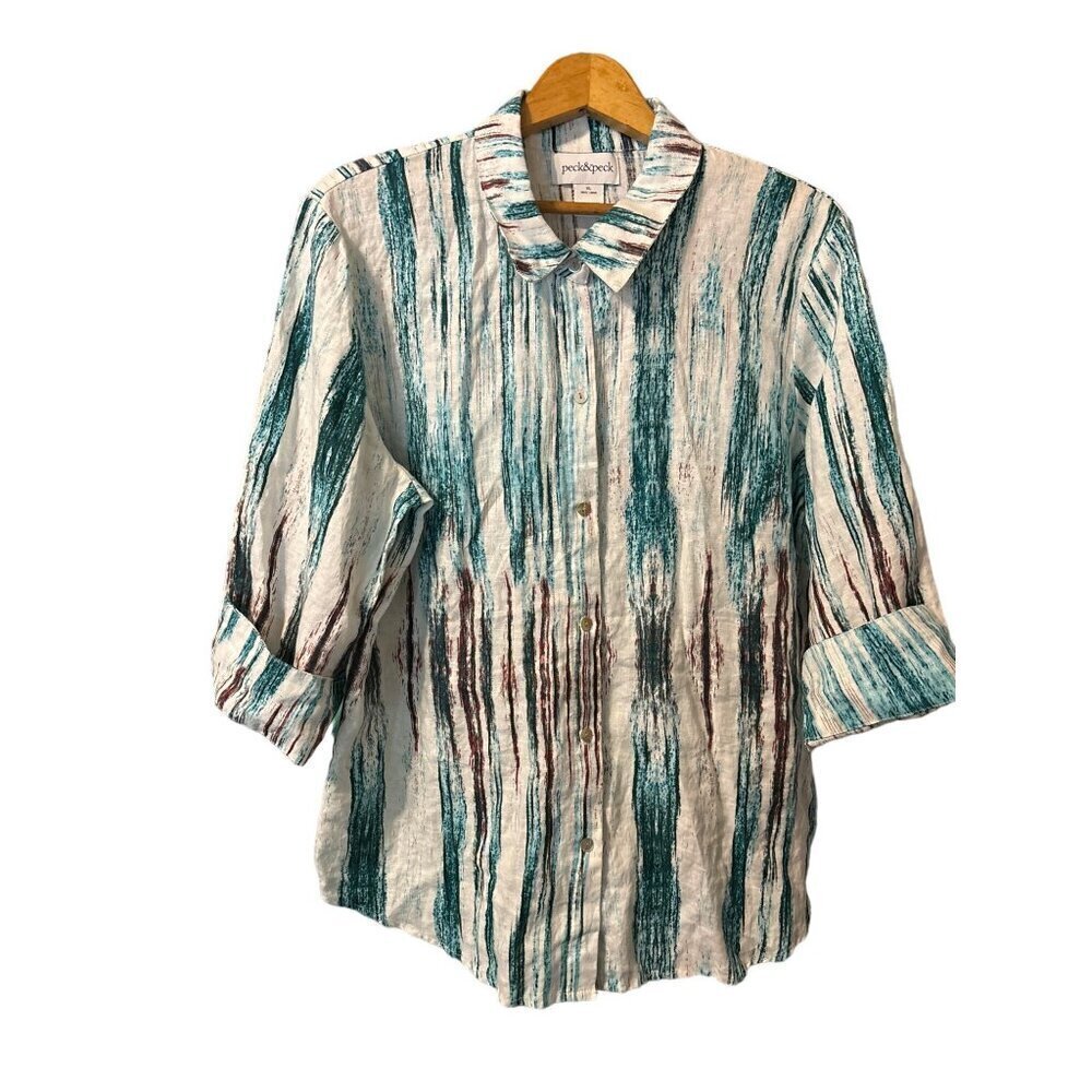 Women's 100% Linen Top Tunic Peck&Peck Size XL 3/4 French Cuff Sleeve Collar VGC